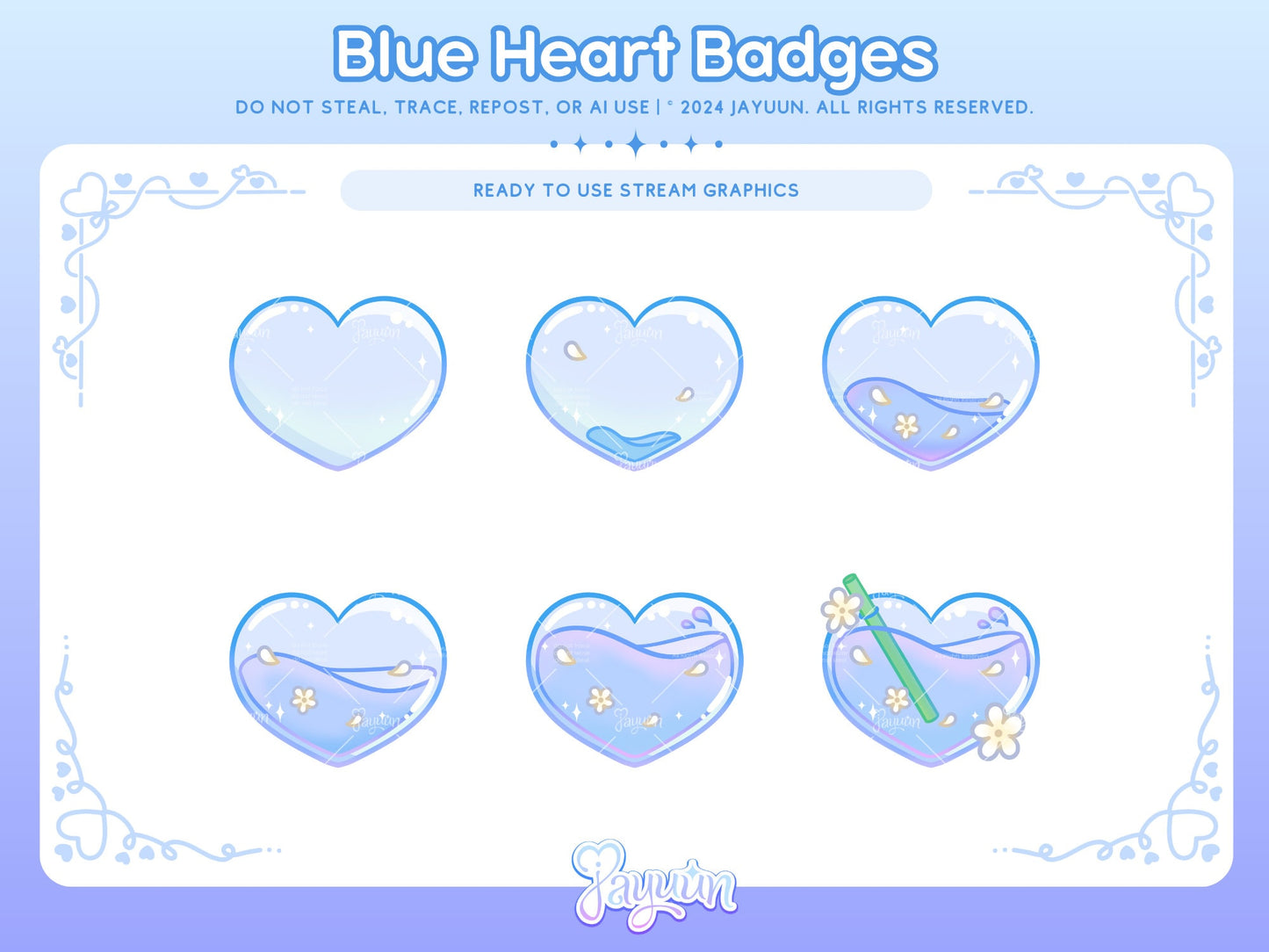 A set of 6 evolving sub badges in tthe style of a blue heart