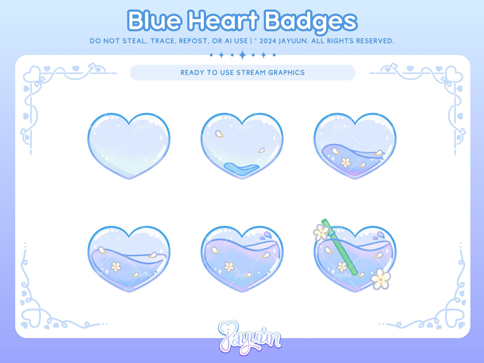 A set of 6 evolving sub badges in tthe style of a blue heart