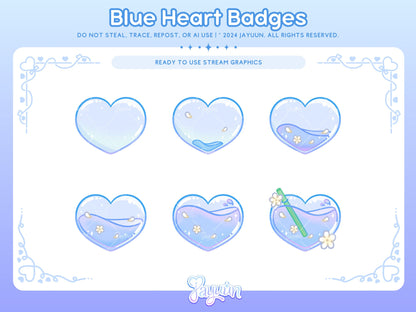 A set of 6 evolving sub badges in tthe style of a blue heart
