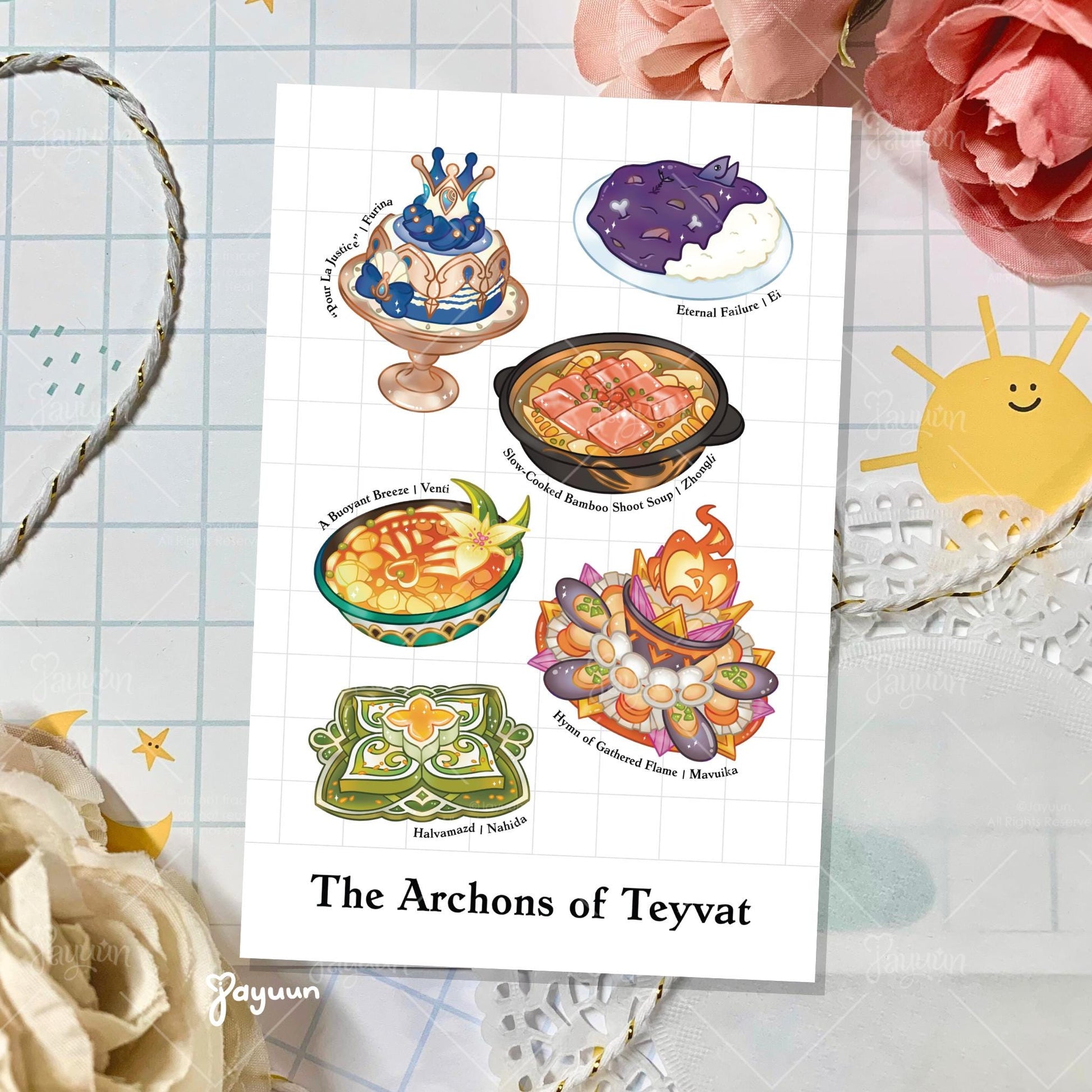 An art print inspired by the signature foods of the archons in Genshin Impact.