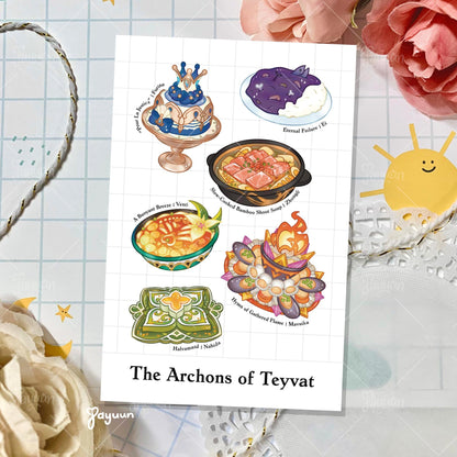 An art print inspired by the signature foods of the archons in Genshin Impact.