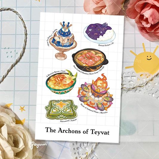 An art print inspired by the signature foods of the archons in Genshin Impact.