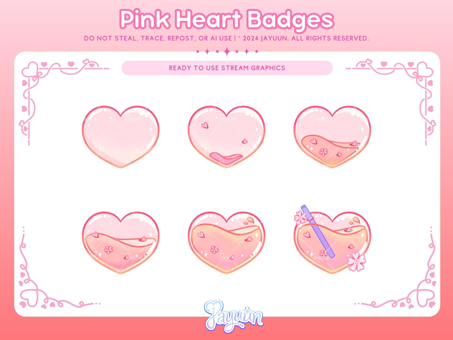 6 evolving sub badges of a pink heart that fills with liquid, starting from an empty heart, a barely filling heart, a half-full heart, slightly more than full heart, a full heart, and a full heart with florals and a straw