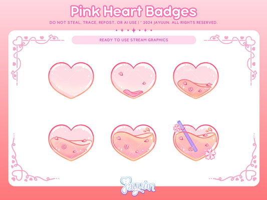 6 evolving sub badges of a pink heart that fills with liquid, starting from an empty heart, a barely filling heart, a half-full heart, slightly more than full heart, a full heart, and a full heart with florals and a straw