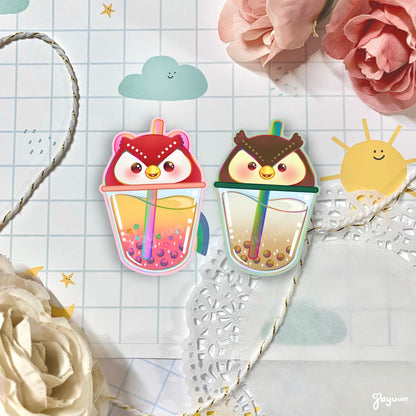 Celeste and Blathers-inspired boba drink stickers shown on a decorative paper background.