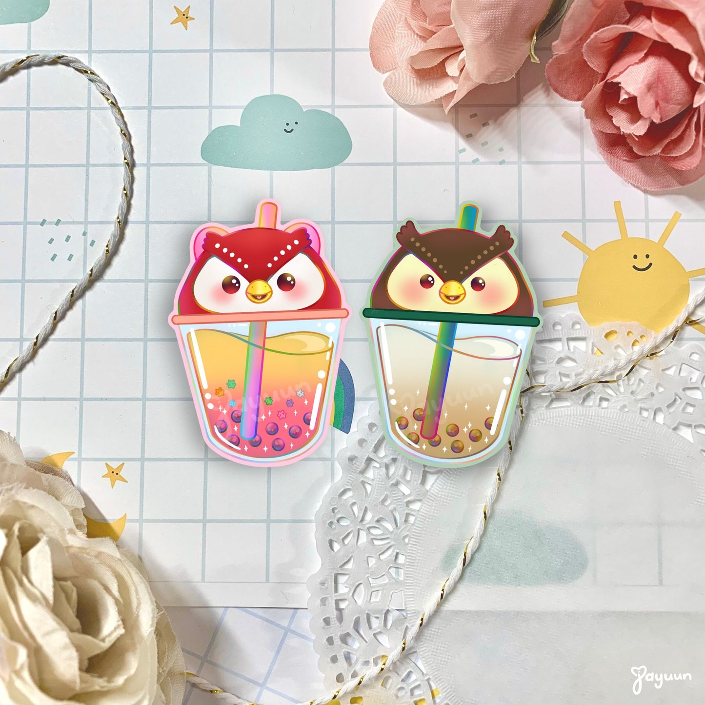 Celeste and Blathers-inspired boba stickers shown on a decorative paper background.
