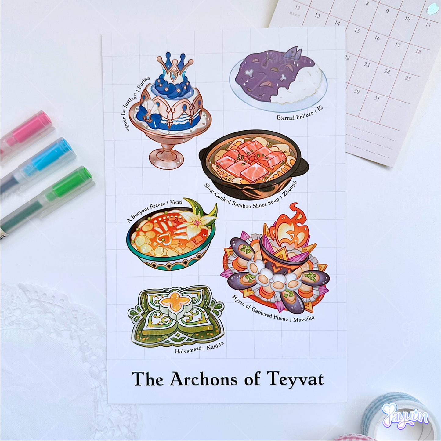 An art print inspired by the signature foods of the archons in Genshin Impact, photographed against a white desk background.