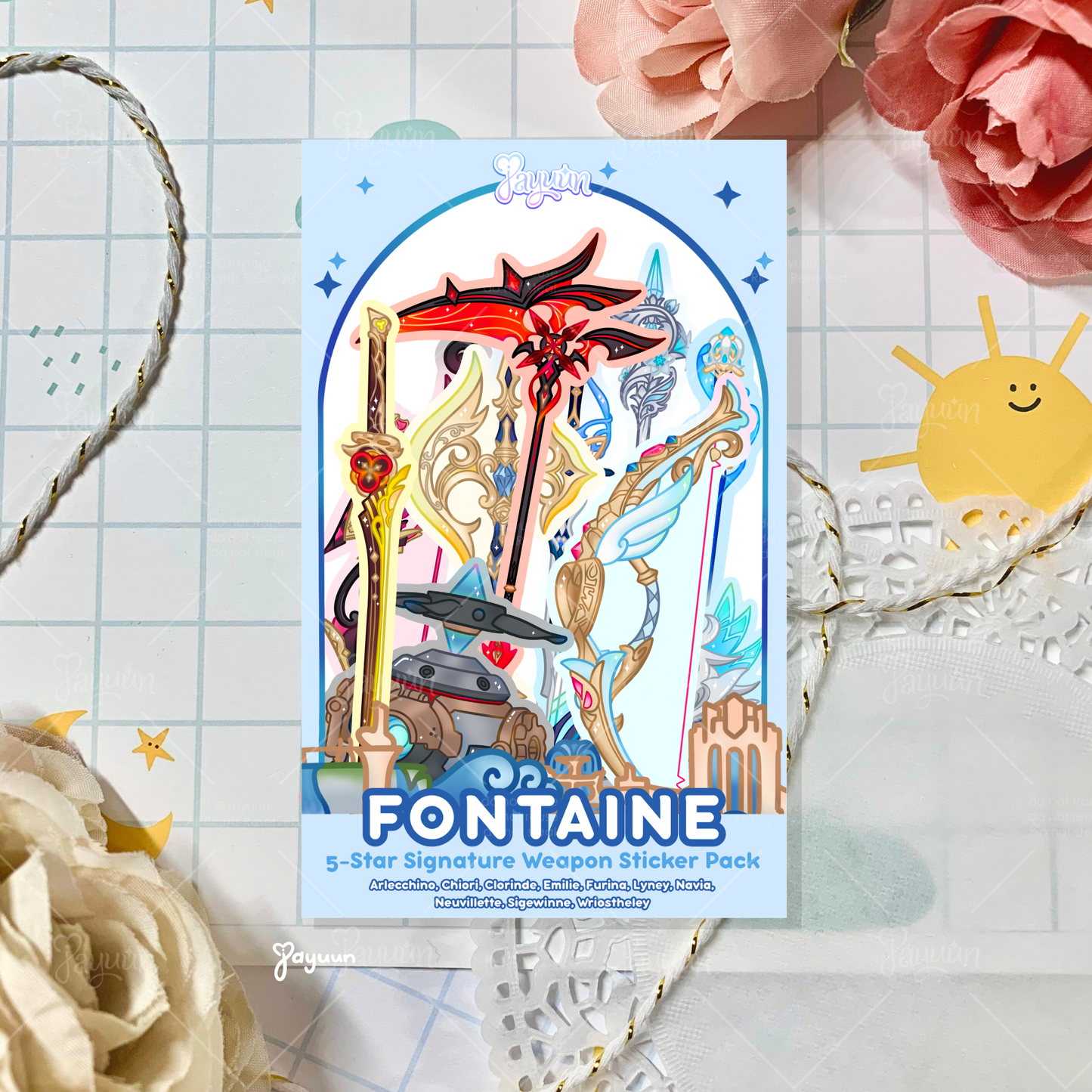 An illustration of a Fontaine sticker pack containing all of the region's 5-star signature weapons.
