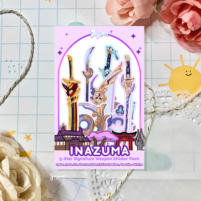 An illustration of an Inazuma sticker pack containing all of the region's 5-star signature weapons.