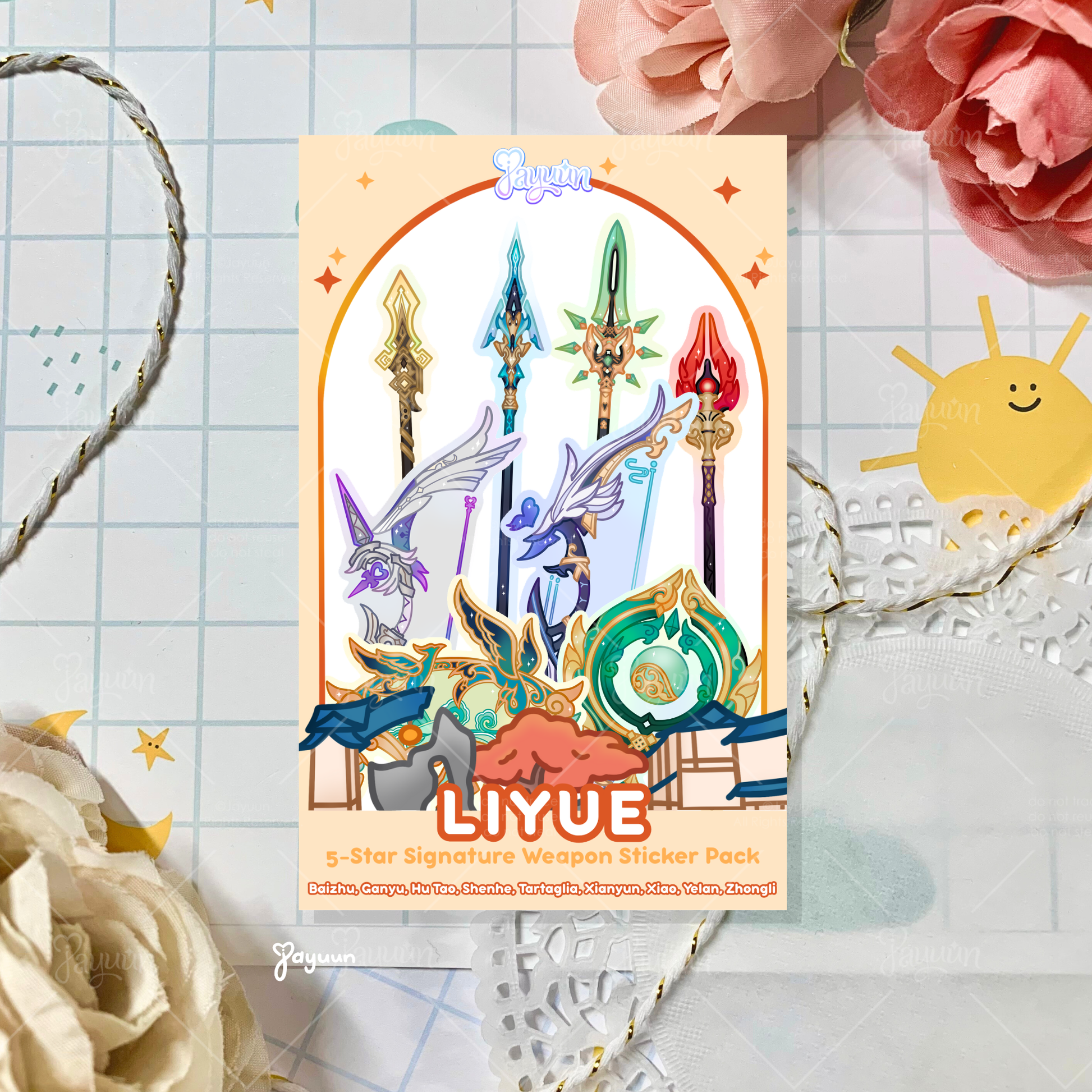 An illustration of a Liyue sticker pack containing all of the region's 5-star signature weapons.
