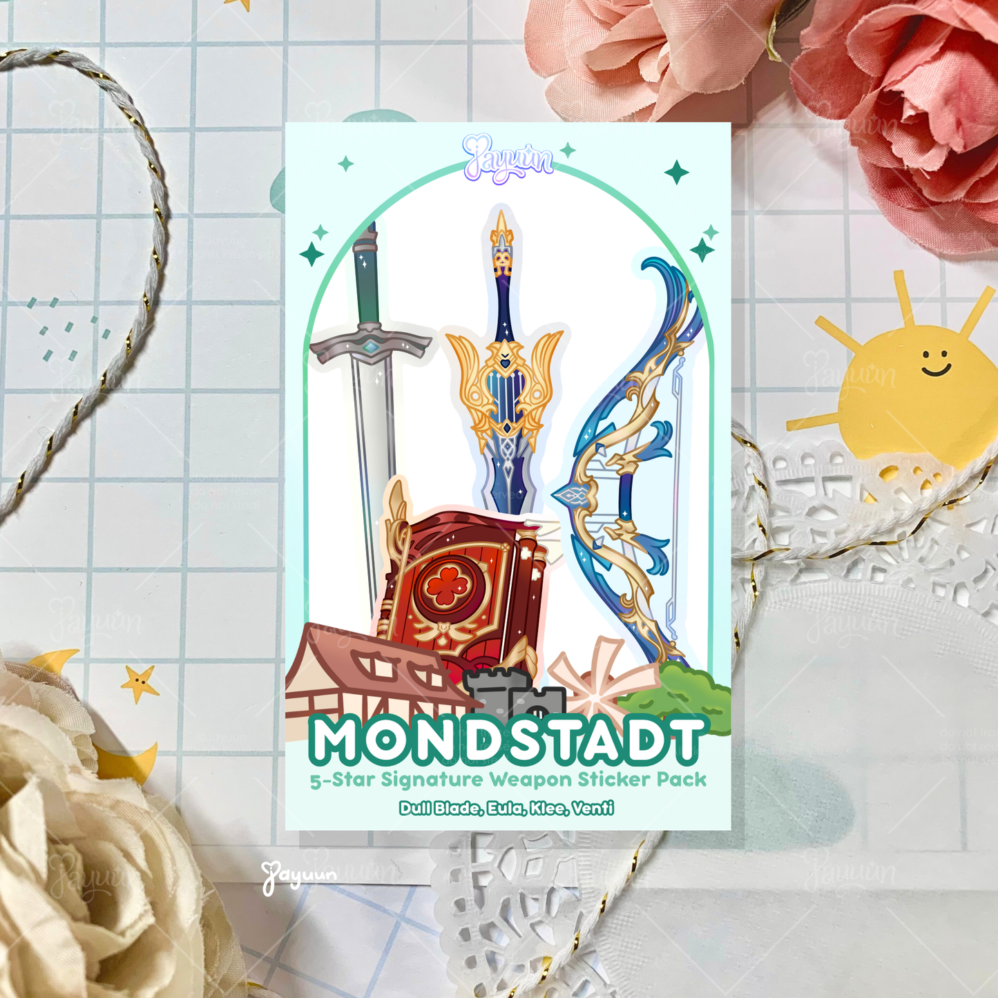 An illustration of a 5-star signature weapon sticker pack for Mondstadt, a region in Genshin Impact.