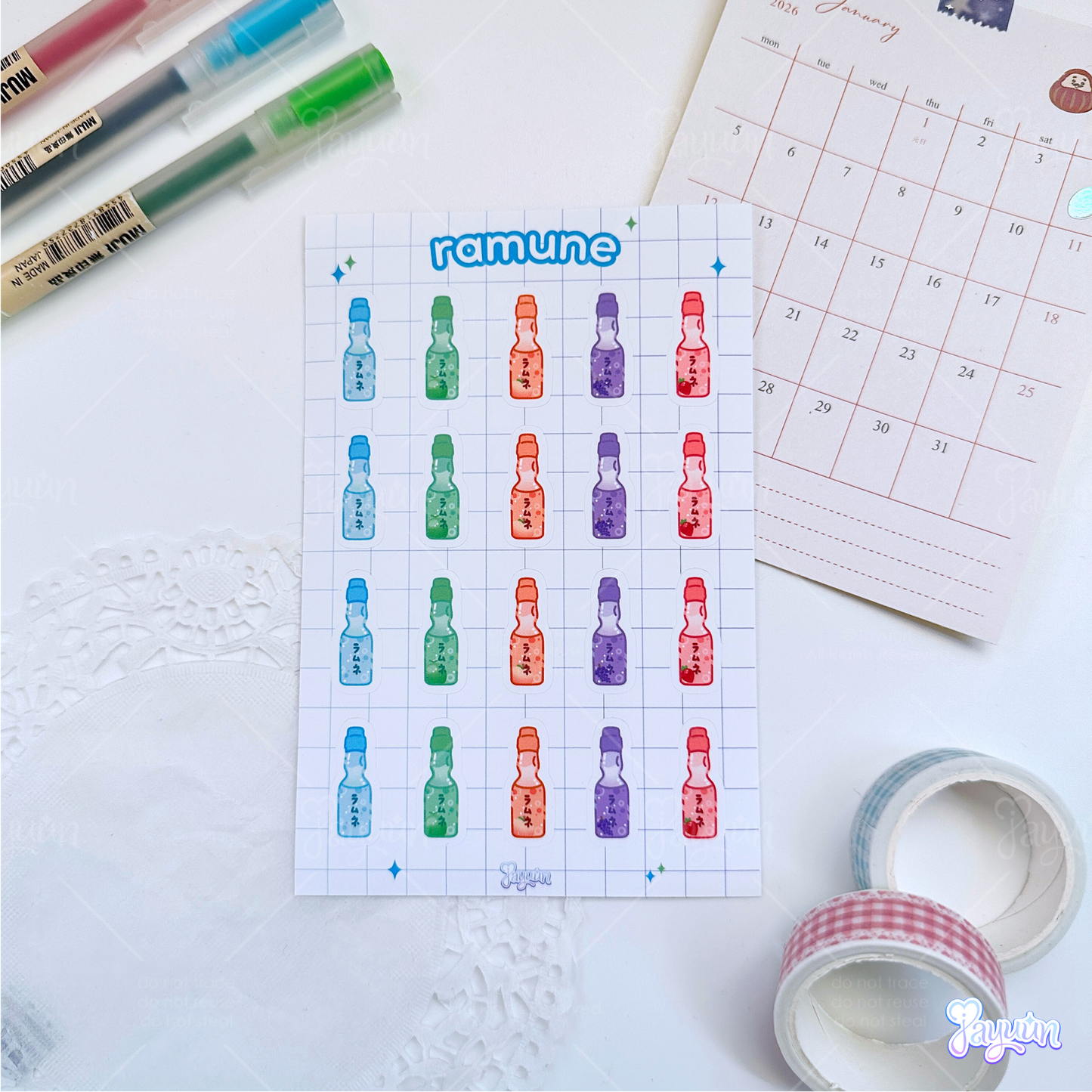 A ramune-themed sticker sheet with 5 different flavors and 4 stickers for each flavor, photographed on a white desk background.