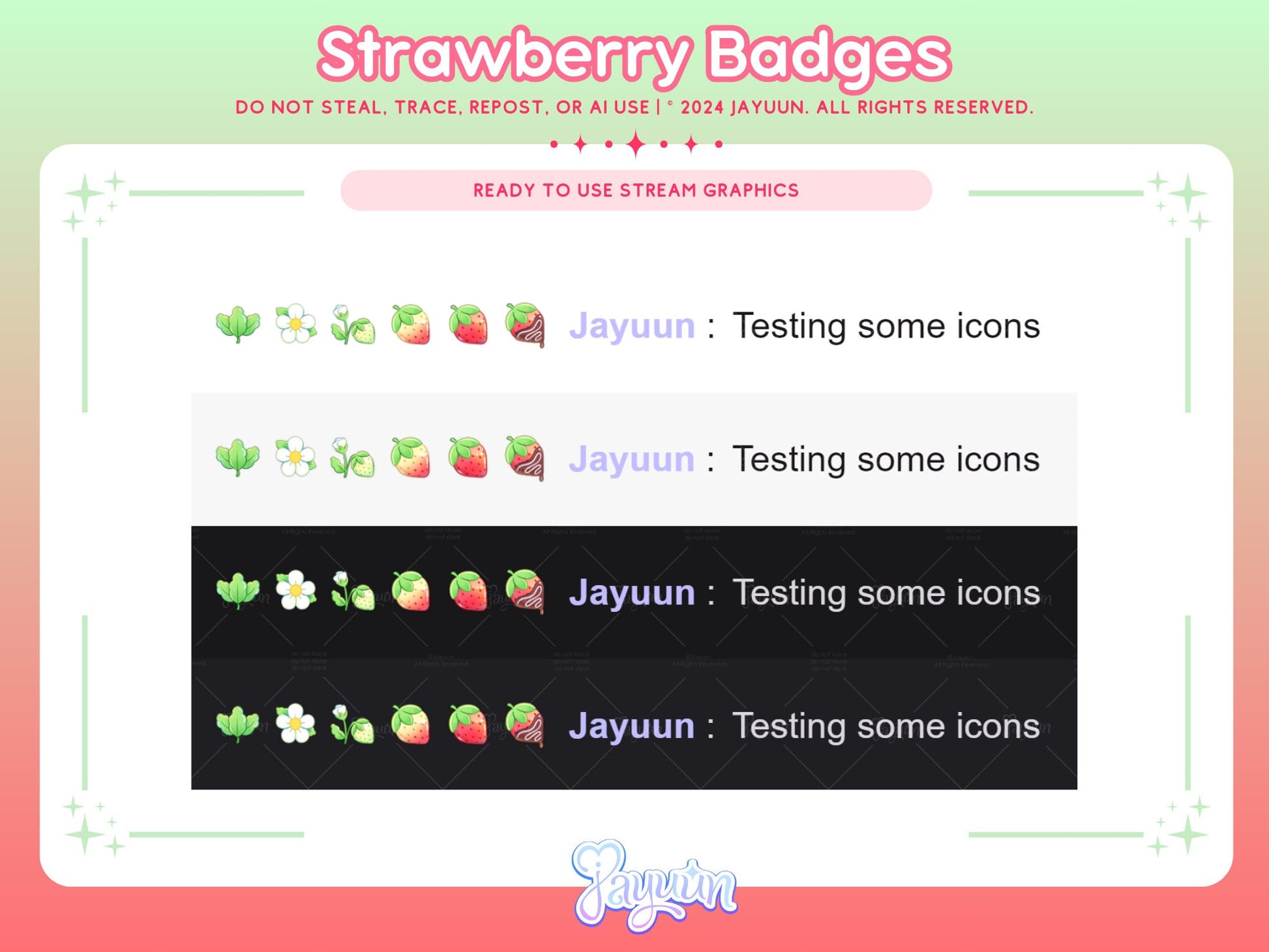 An example of the sub badges in action in a screenshot of each badge next to a viewer's name, as if chatting in a stream.