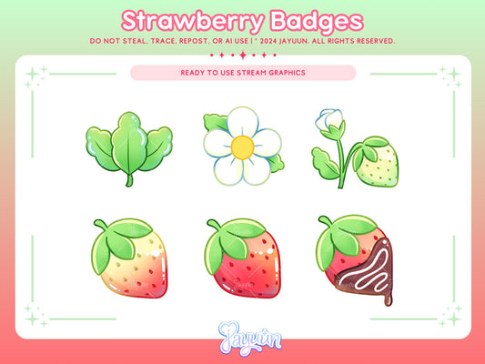 Set of 6 evolving strawberry-themed sub badges, growing from sprout, flower, unripe green strawberry, ripening yellow strawberry, ripe strawberry, to chocolate covered strawberry.