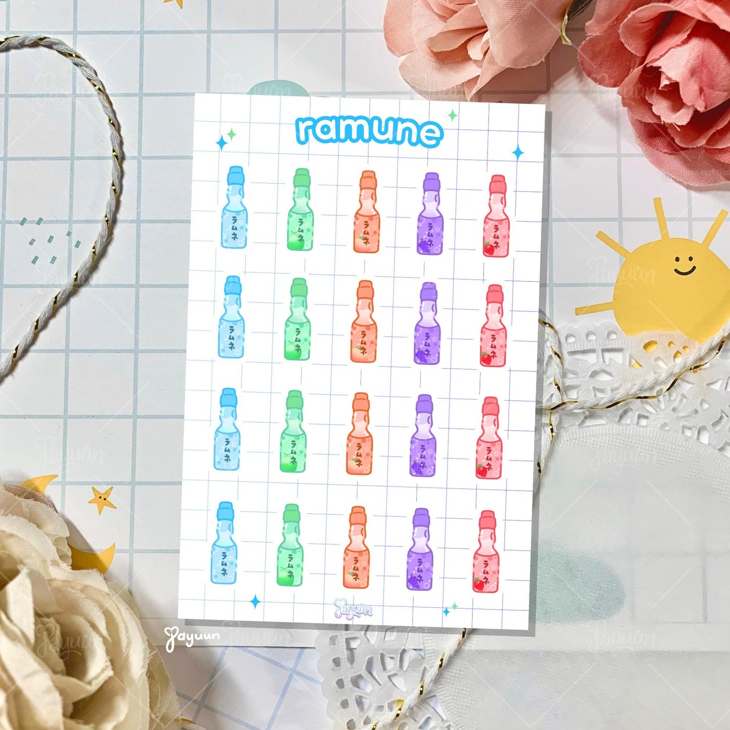 A ramune-themed sticker sheet with 5 different flavors and 4 stickers for each flavor.