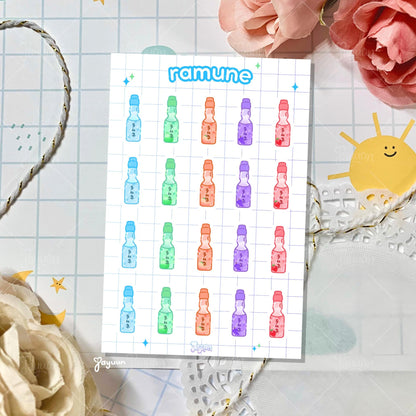 A ramune-themed sticker sheet with 5 different flavors and 4 stickers for each flavor.