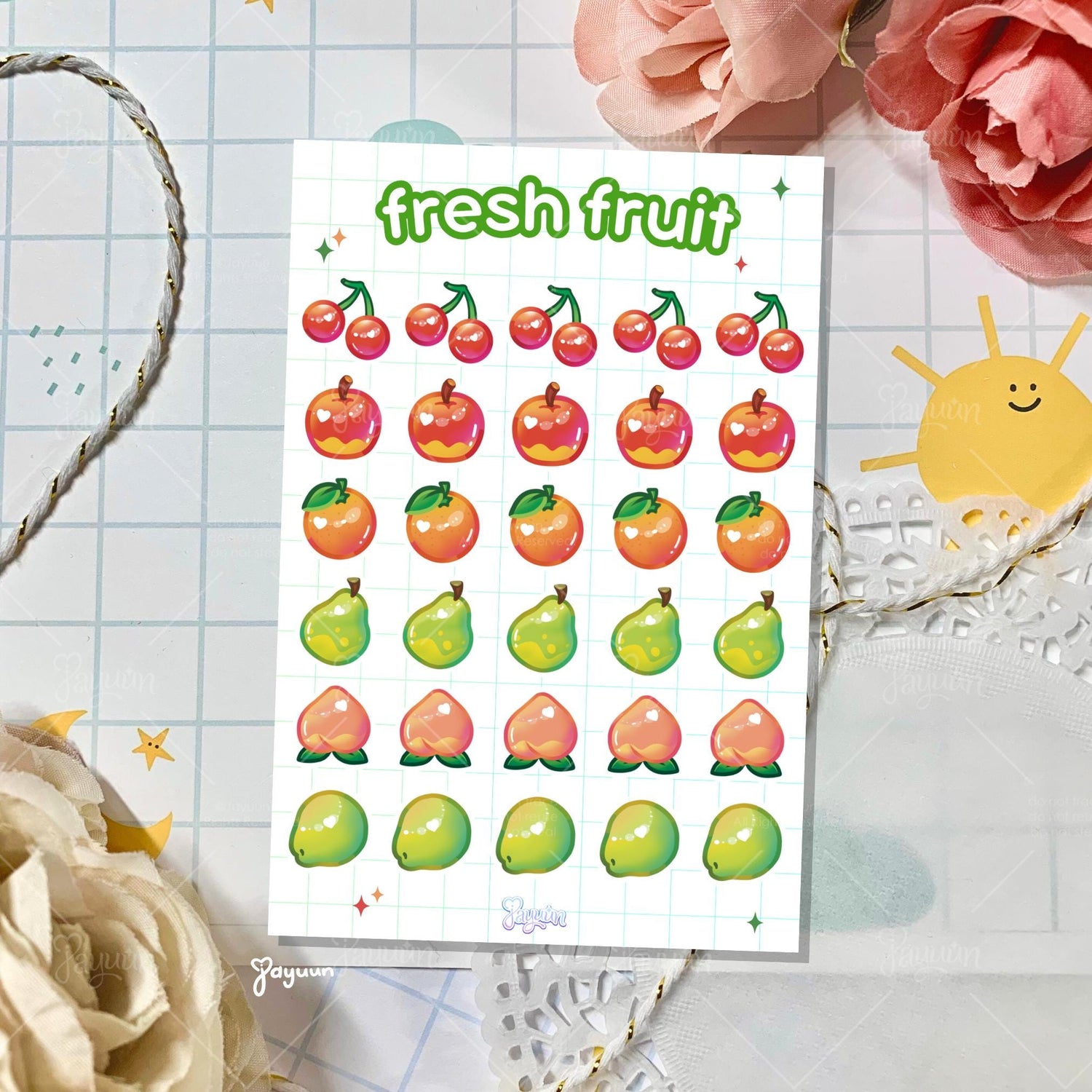 A fresh fruit sticker sheet with cherries, apples, oranges, pears, peaches, and coconuts.